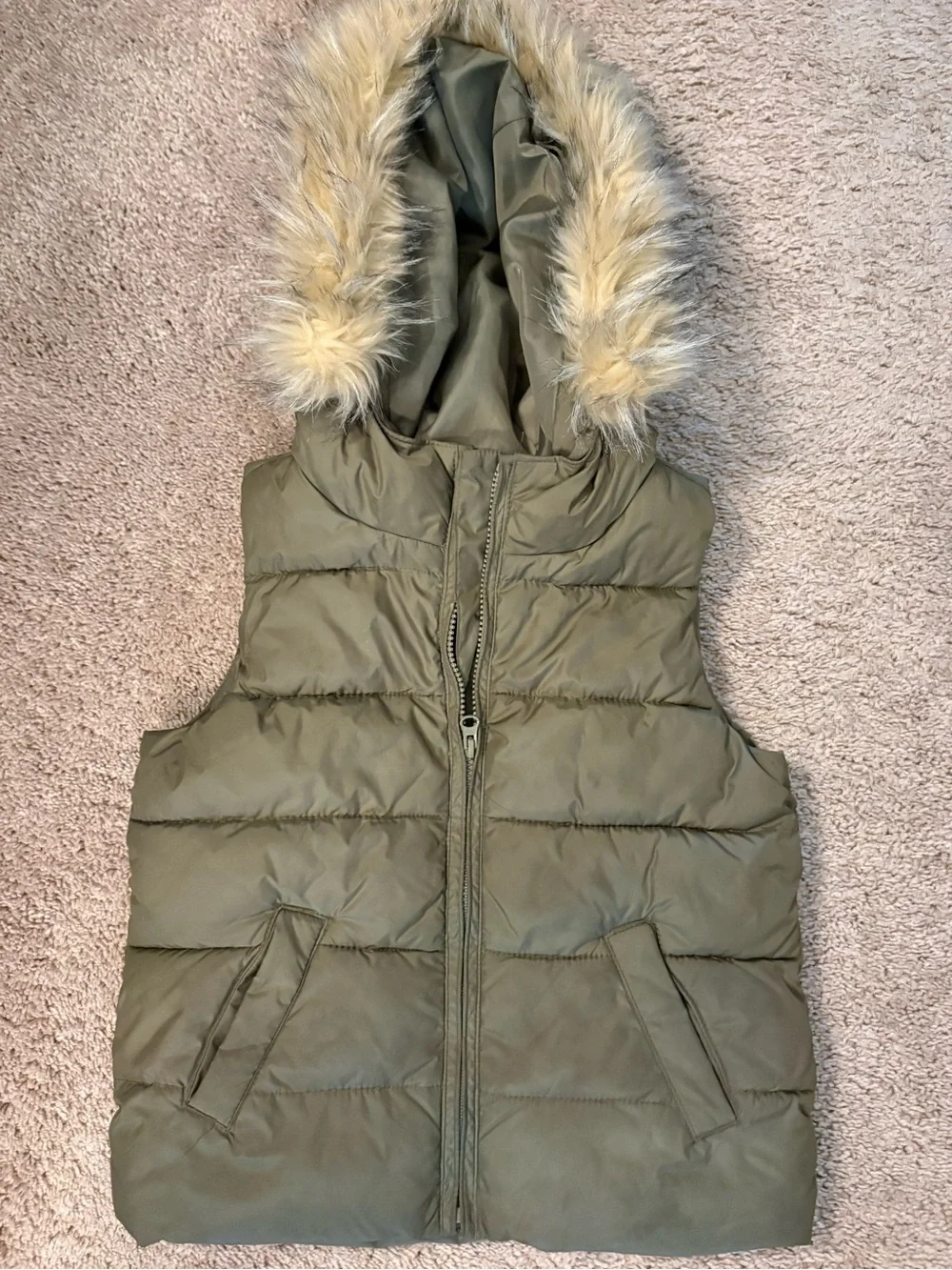 GAP Olive Puffer Vest with Faux Fur-Trim Hood